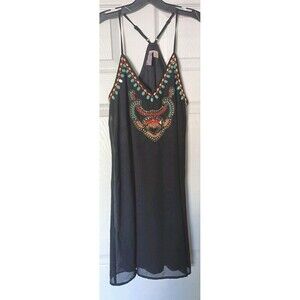 Alya Sheer Dress Size Small Black Turquoise Beaded Neckline Spaghetti Strap
